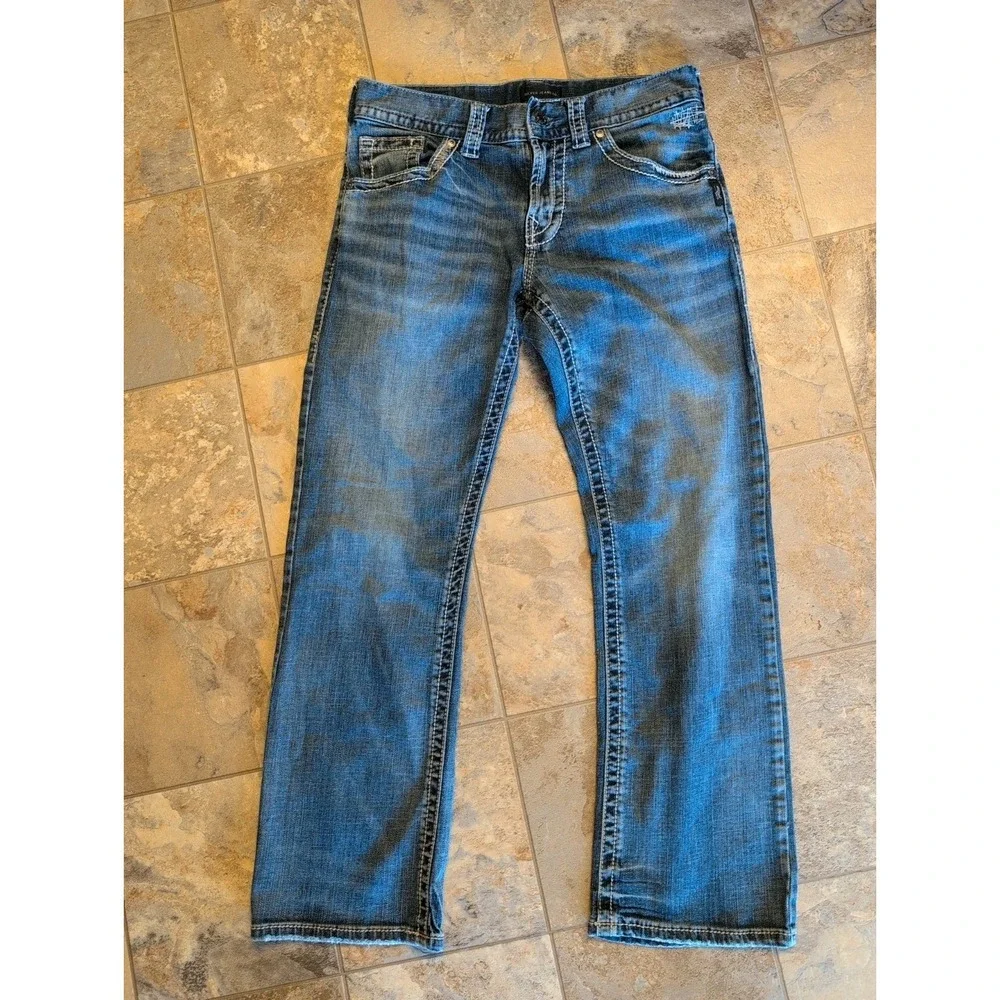 Silver Jeans Zac Mens 30x30 Relaxed Straight Leg Blue Denim Thick Stitch Stretch